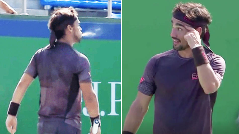 Fabio Fognini received an unsportsmanlike code violation for appearing to spit in the direction of a lines woman. (Image: Twitter)