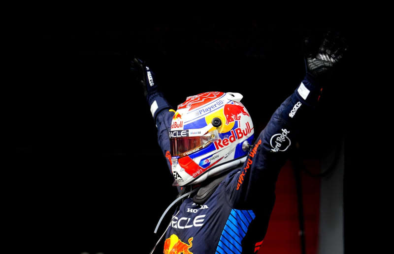 Dutch Formula One driver Max Verstappen of the Red Bull Racing team celebrates winning the Emilia Romagna Grand Prix, at the Autodromo Internazionale Enzo e Dino Ferrari circuit. David Davies/PA Wire/dpa