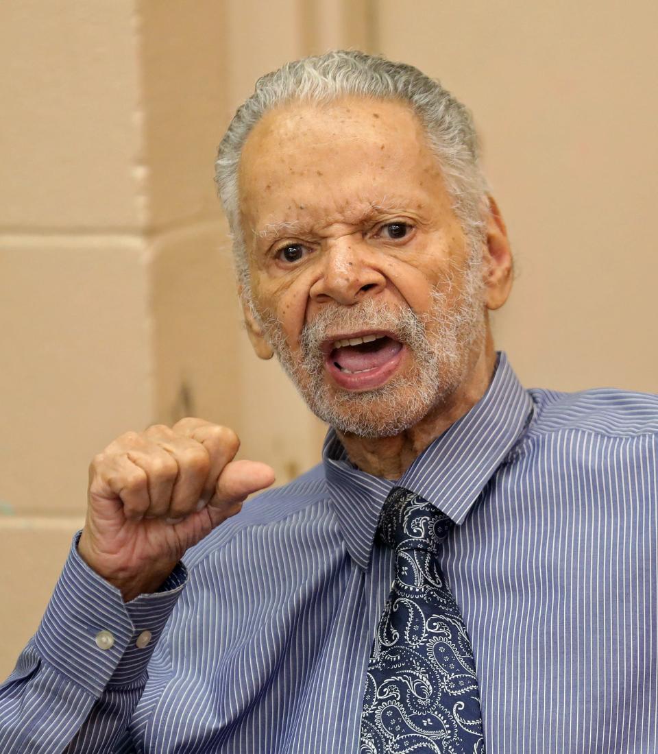 Chairman John Sharp expresses his anger with Mayor Horrigan for failing to show up to a community meeting at Ed Davis Community Center put on by Coalition for a Safe Community of Akron on Thursday.