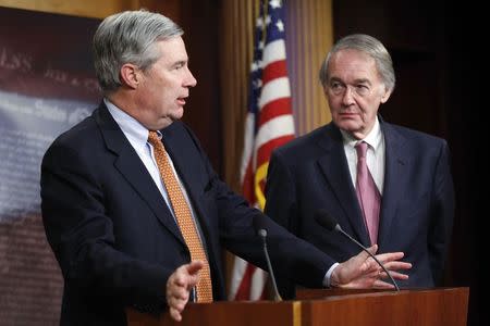 Senator Sheldon Whitehouse and Senator Edward Markey hold a news conference after a Senate vote on whether to overturn a presidential veto of the Keystone XL pipeline, at the U.S. Capitol in Washington, March 4, 2015. REUTERS/Jonathan Ernst