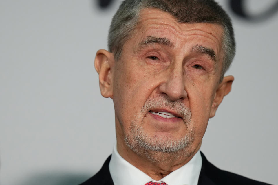 Presidential candidate Andrej Babis addresses media after the preliminary results for the first round of presidential election in Prague, Czech Republic, Saturday, Jan. 14, 2023. (AP Photo/Petr David Josek)