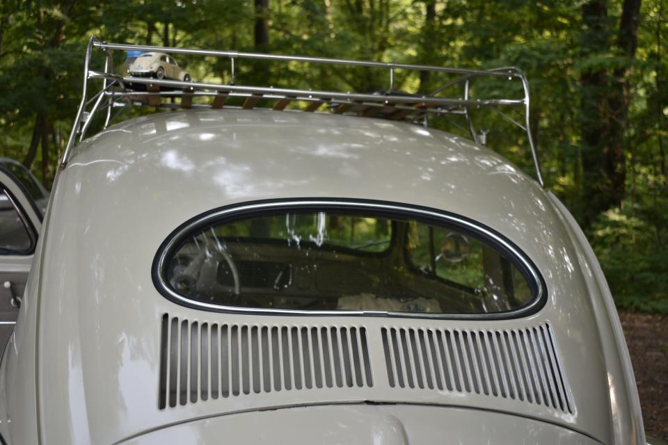 This one-piece oval back window is rare, and only installed in VW Beetles in 1953, '54 and '55. This may be the only one in Bloomington, owner Jim Shields said.