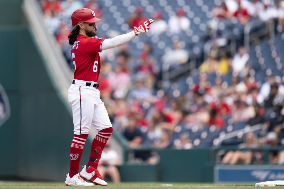 Washington Nationals' Michael Chavis celebrates after singling on a sharp line drive during the second inning of a baseball game against the Oakland Athletics, Sunday, Aug. 13, 2023, in Washington. (AP Photo/Stephanie Scarbrough)