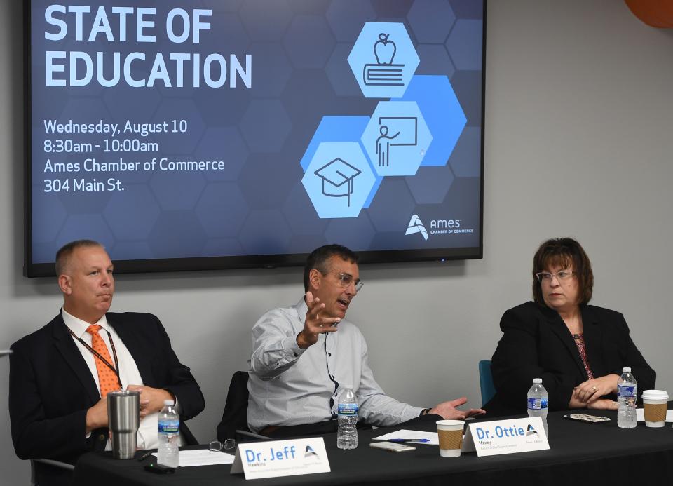 From left, Dr. Jeff Hawkins, Ames associate superintendent; Dr. Ottie Maxey, Ballard superintendent; and Dr. Christine Trujilo, Gilbert superintendent, speak during a "State of Education" forum at Ames Chamber of Commerce on Aug. 10, 2022 in Ames, Iowa.