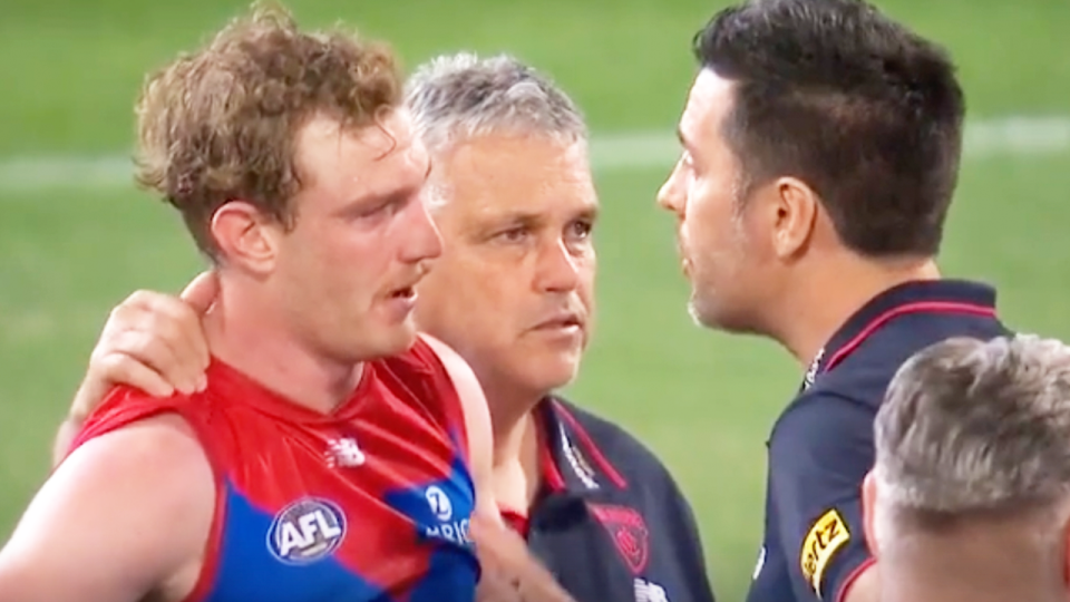 Young Demons player Harrison petty (pictured left) upset after an alleged comment during the AFL match against the Brisbane Lions. (Image: Fox Sports)