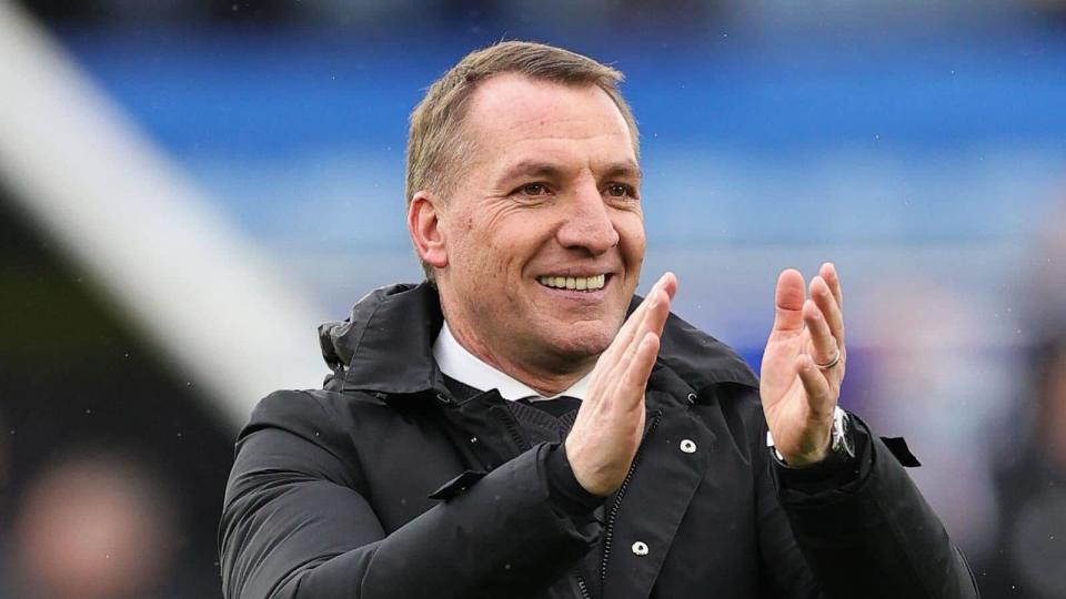 Brendan Rodgers, Manager of Leicester City applauds the fans at the final whistle during the Premier League match between Leicester City and Leeds United at The King Power Stadium on March 5, 2022 Credit: Alamy