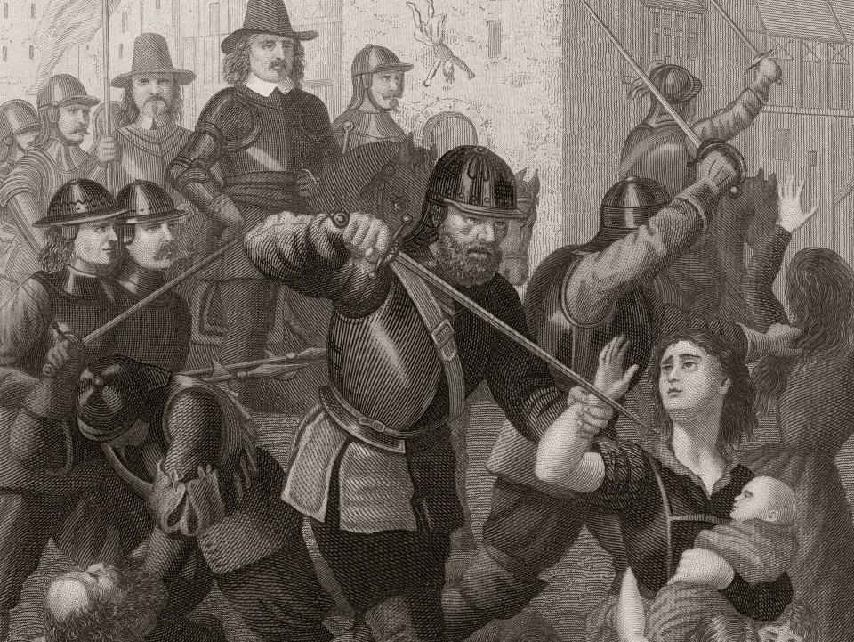 Oliver Cromwell's troops massacre the town's civilians after the Seige of Drogheda in County Louth, September 1649.
