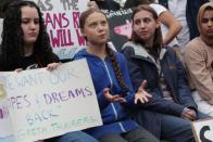 Swedish activist Greta Thunberg and Alexandria Villasenor participate in a youth climate change protest in front of the the United Nations Headquarters in New York City