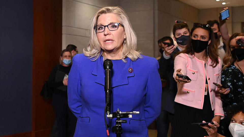 US Representative Liz Cheney, Republican of Wyoming, speaks to the media at the US Capitol in Washington, DC, on May 12, 2021. (Mandel Ngan/AFP via Getty Images)