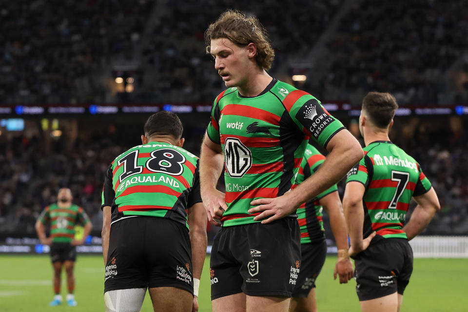 Campbell Graham reacts after a try.