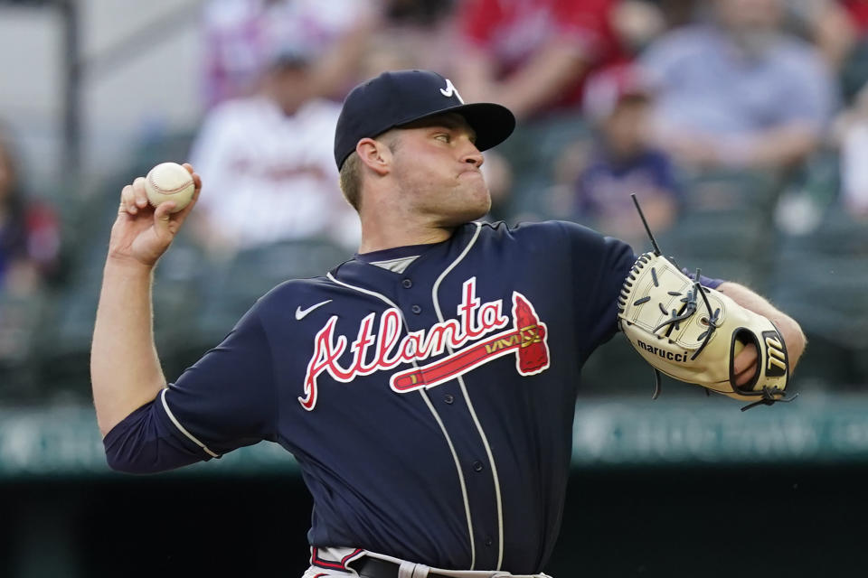 Atlanta Braves starting pitcher Bryce Elder throws during the first inning of the team's baseball game against the Texas Rangers in Arlington, Texas, Saturday, April 30, 2022. (AP Photo/LM Otero)