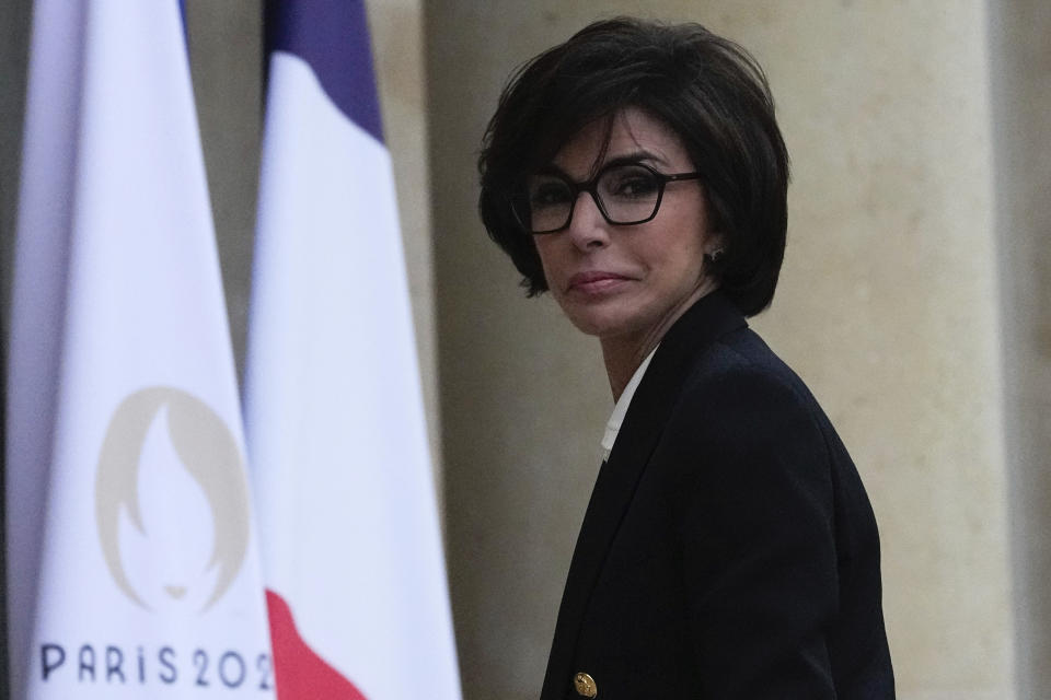 Newly appointed French Culture Minister Rachida Dati arrives to attend the weekly cabinet meeting after a cabinet reshuffle, at the Elysee Palace in Paris, on Friday, Jan. 12, 2024. (AP Photo/Michel Euler)