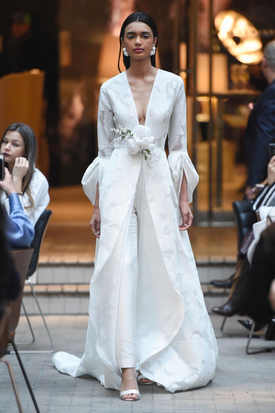 Long white embroidered coat and trousers from the Sachin & Babi Spring 2018 bridal collection