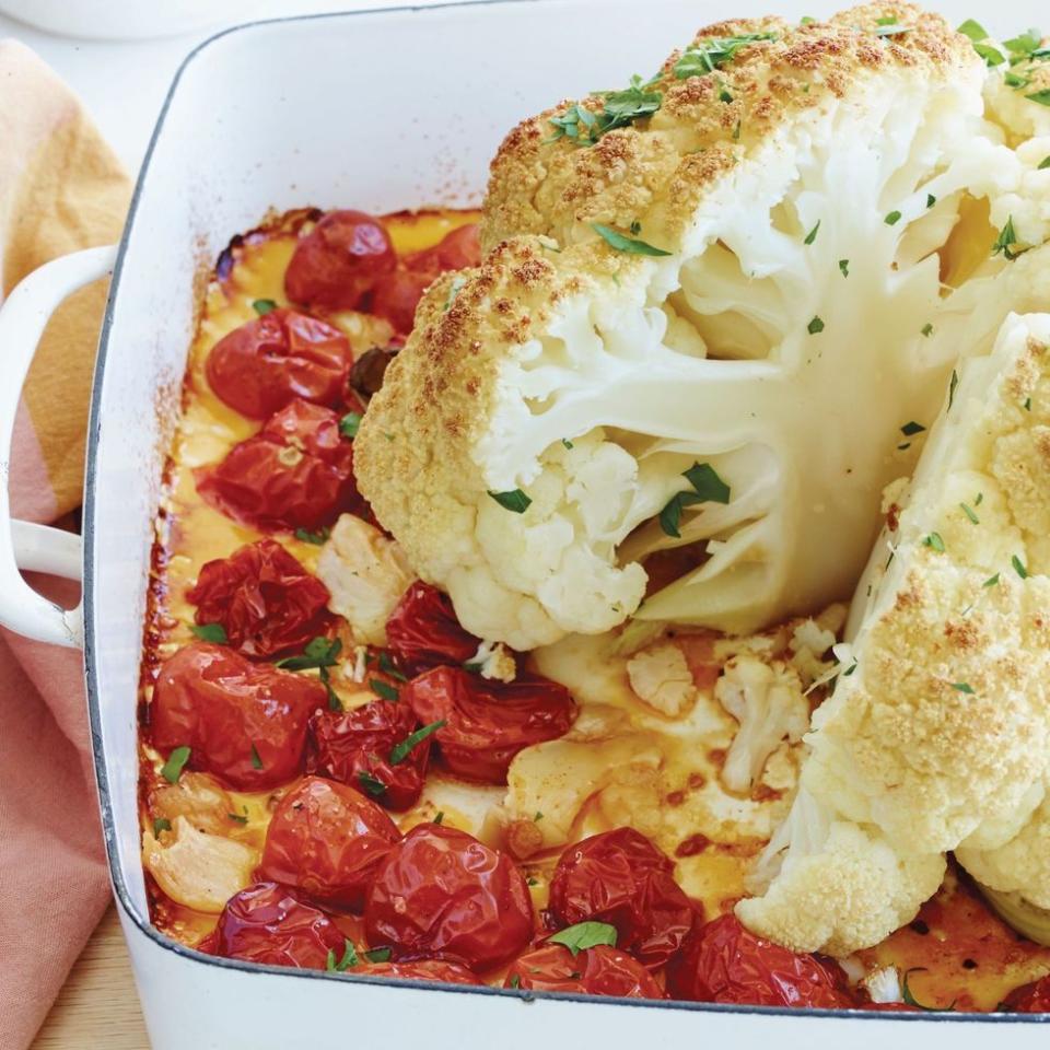 Whole Roasted Cauliflower, Tomatoes and Garlic