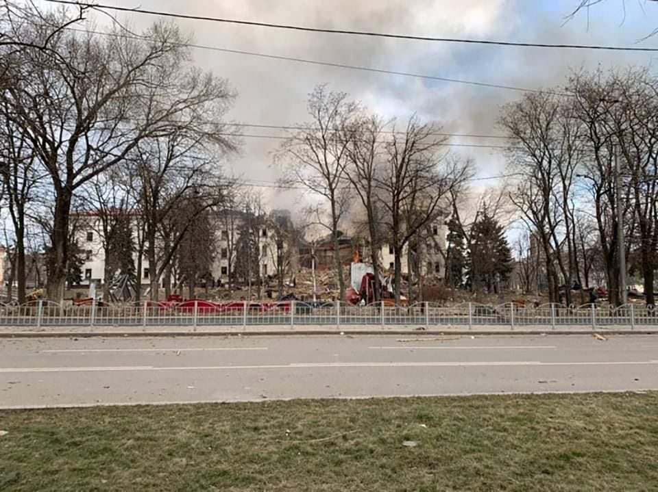 This photo released by Donetsk Regional Civil-Military Administration Council on Wednesday, March 16, 2022 shows the Drama Theatre, damaged after shelling, in Mariupol, Ukraine. (Donetsk Regional Civil-Military Administration Council via AP)