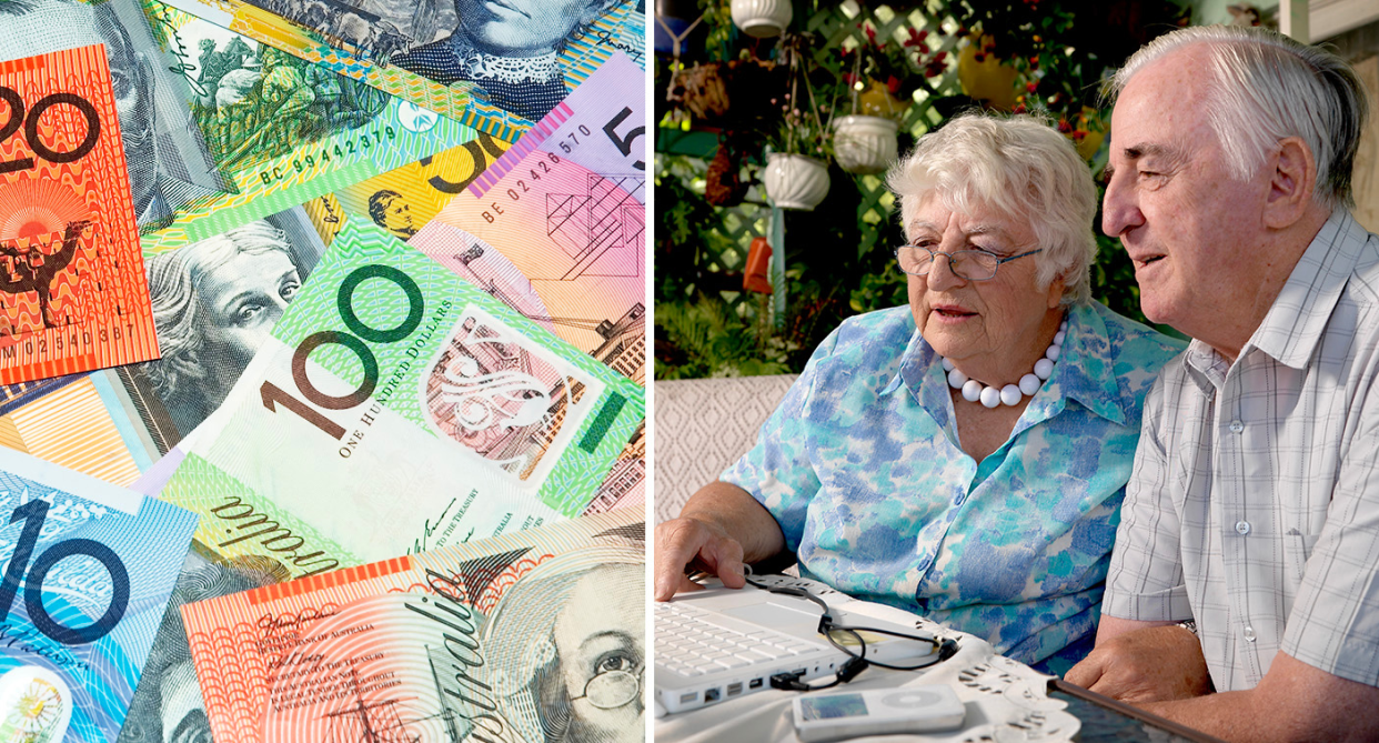 Budget 2022: A composite image of money and an elderly couple to represent superannuation.