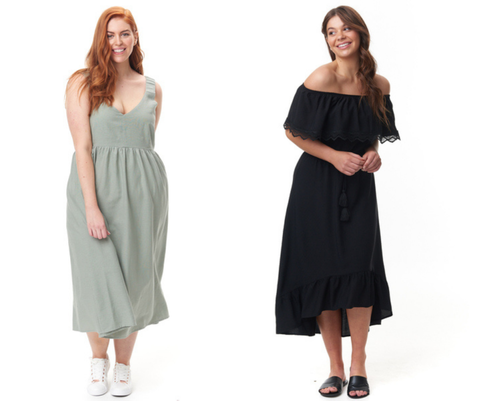 On the left a red haired woman wears a muted olive green maxi dress while on the right, a brunette woman wears an off-the-shoulder black maxi dress with a frilly top.