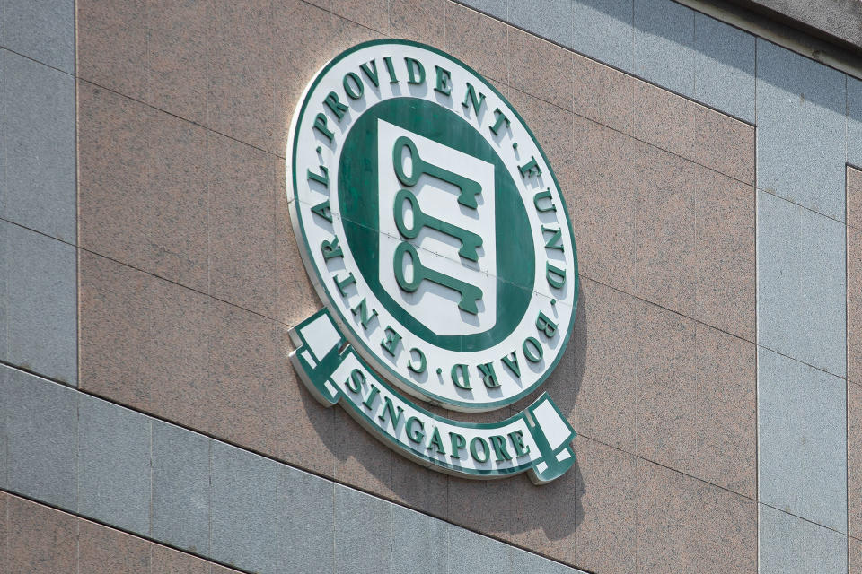 Central Provident Fund (CPF) logo on the facade of a building.