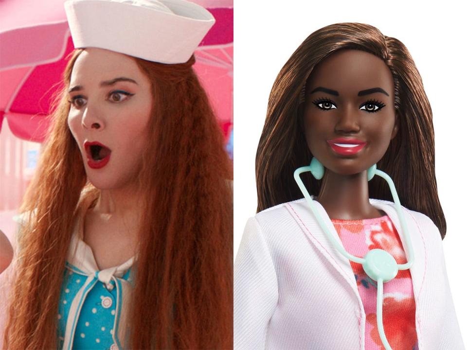 Left: Hari Nef as Doctor Barbie in "Barbie." Right: Mattel's Doctor Barbie doll.