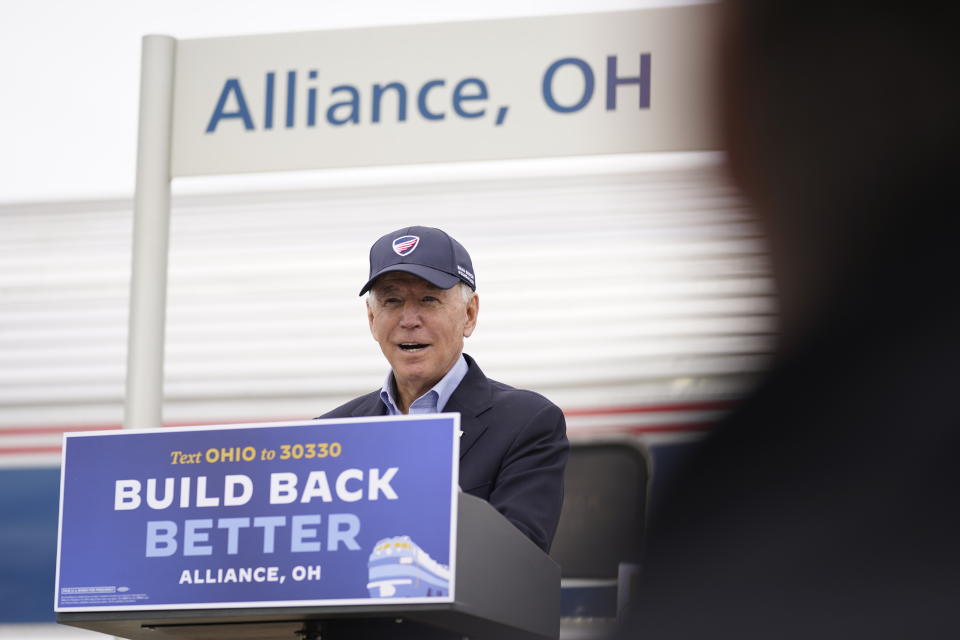 Democratic presidential candidate former Vice President Joe Biden speaks at Amtrak's Alliance Train Station, Wednesday, Sept. 30, 2020, in Alliance, Ohio. Biden is on a train tour through Ohio and Pennsylvania today. (AP Photo/Andrew Harnik)