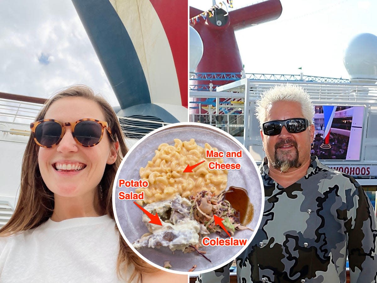 The author on the Carnival Vista, Guy Fieri on the Carnival Horizon cruise ship, and a labeled plate of the author's food.