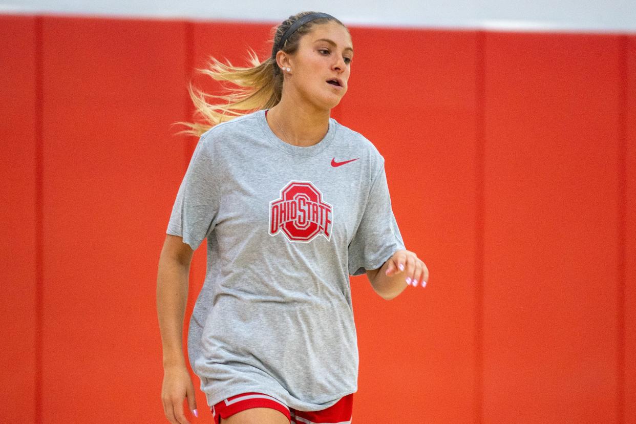 Sep 26, 2023; Columbus, Ohio, United States;
Jacy Sheldon warms up before practice on Tuesday, Sept. 26, 2023 at the Schottensteim Center.