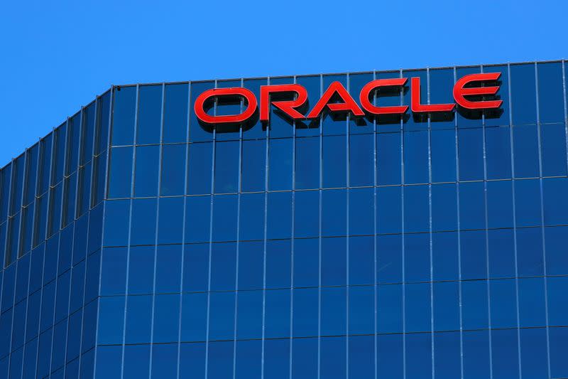 FILE PHOTO: The Oracle logo is shown on an office building in Irvine, California