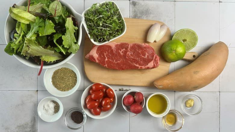 steak and salad ingredients