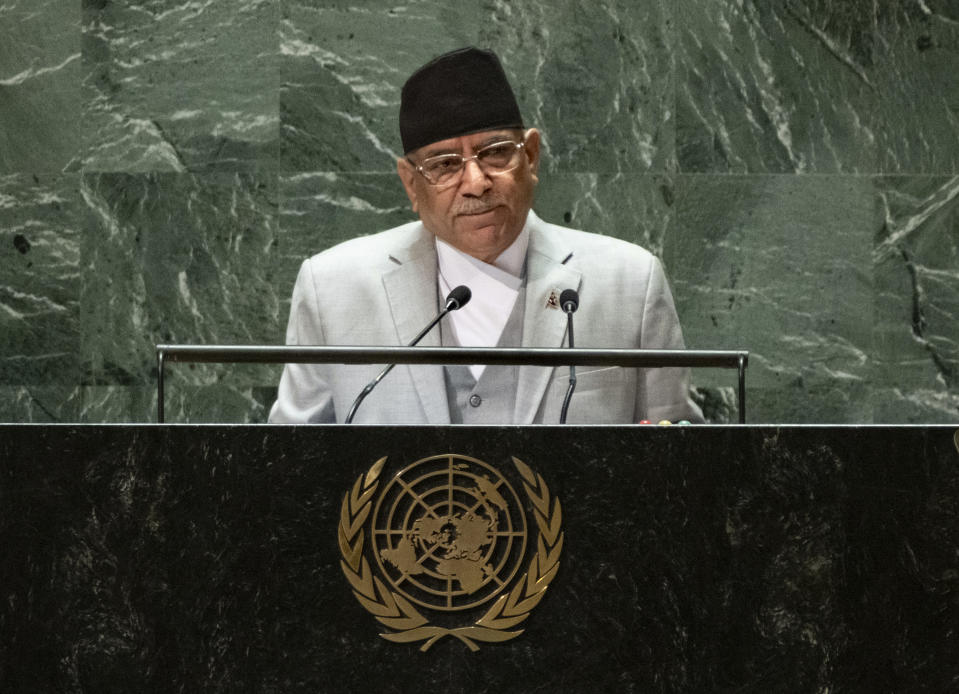 Prime Minister of Nepal Pushpa Kamal Dahal 'Prachanda' addresses the 78th session of the United Nations General Assembly, Thursday, Sept. 21, 2023, at United Nations headquarters. (AP Photo/Craig Ruttle)