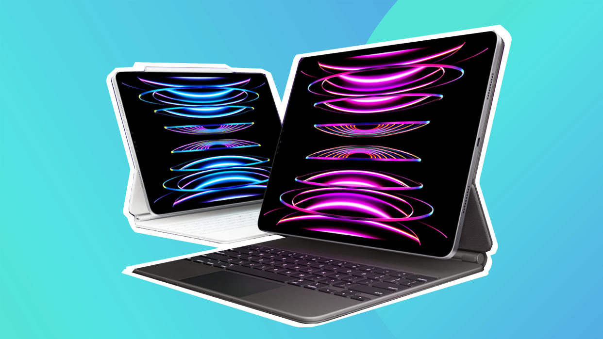  A product shot of two iPad Pros with keyboards on a colourful background 