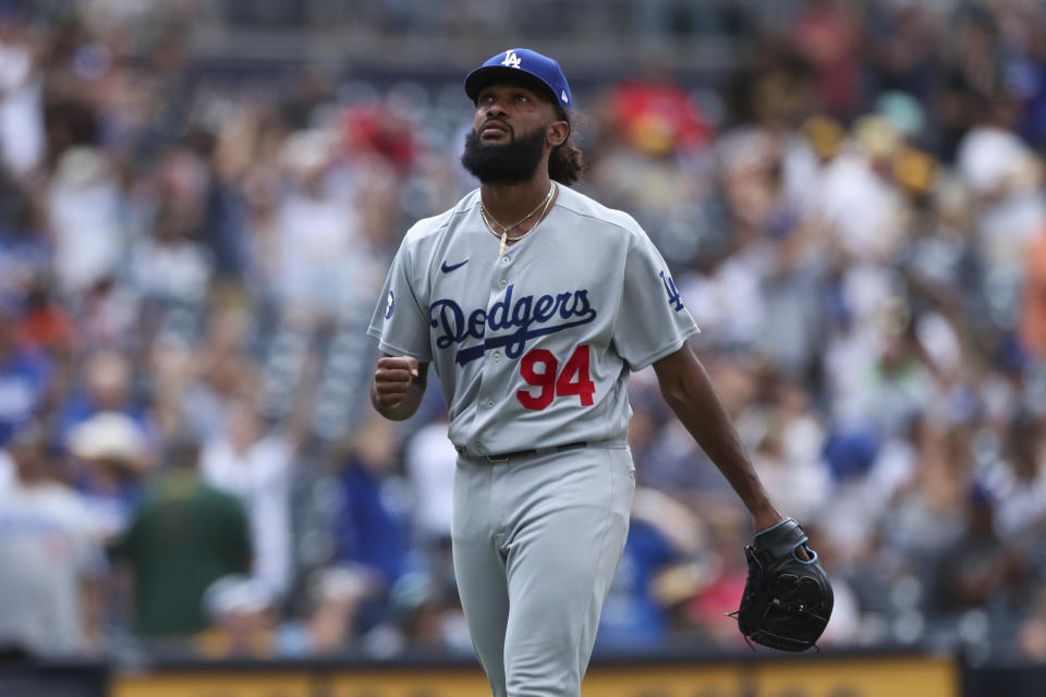 Los Angeles Dodgers' Andre Jackson pumps his fist after his team defeated the San Diego Padres in a baseball game Sunday, Sept. 11, 2022, in San Diego. (AP Photo/Derrick Tuskan)