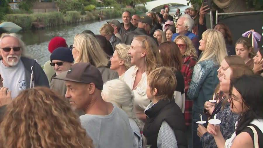 A candlelight vigil to honor Sarah Alden, who was killed in a brutal Venice attack, was held along the Venice Canals on June 13, 2024. (KTLA)