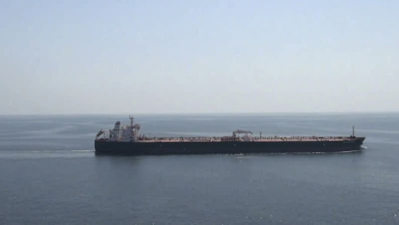 This file photo from video footage released April 28, 2023, by the Iranian Navy shows the Advantage Sweet oil tanker’s deck in the Gulf of Oman.