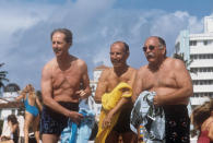 American actor and director Don Ameche (Dominic Felix Amici), American actor Wilford Brimley and Canadian actor Hume Cronyn laughing in swimsuit in the film Cocoon: The Return. 1988 (Photo by Mondadori via Getty Images)