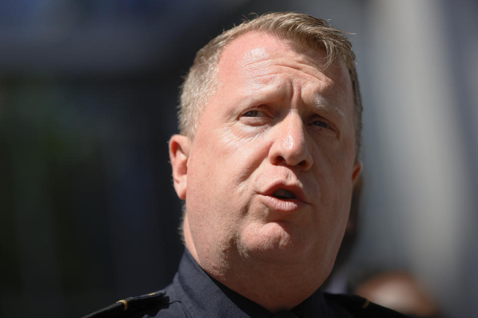 FILE - Atlanta Police Chief Darin Schierbaum speaks to reporters, May 3, 2023, in Atlanta. Atlanta's police chief on Tuesday, Oct. 10, fired an officer who shocked a 62-year-old Black church deacon with a stun gun during a dispute over a traffic ticket, leading to the man's death. (AP Photo/Alex Slitz, File)