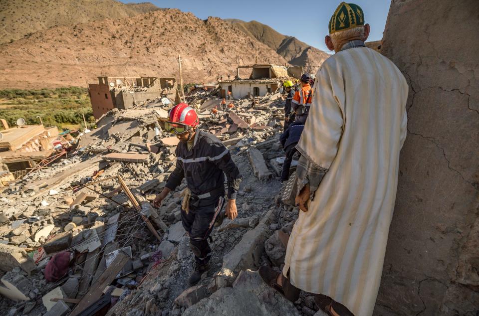 Spanish and Moroccan rescuers search the rubble for earhquake survivors in Talat N'Yacoub village of al-Haouz province in Morocco on Sept. 11, 2023.  / Credit: FADEL SENNA/AFP via Getty Images