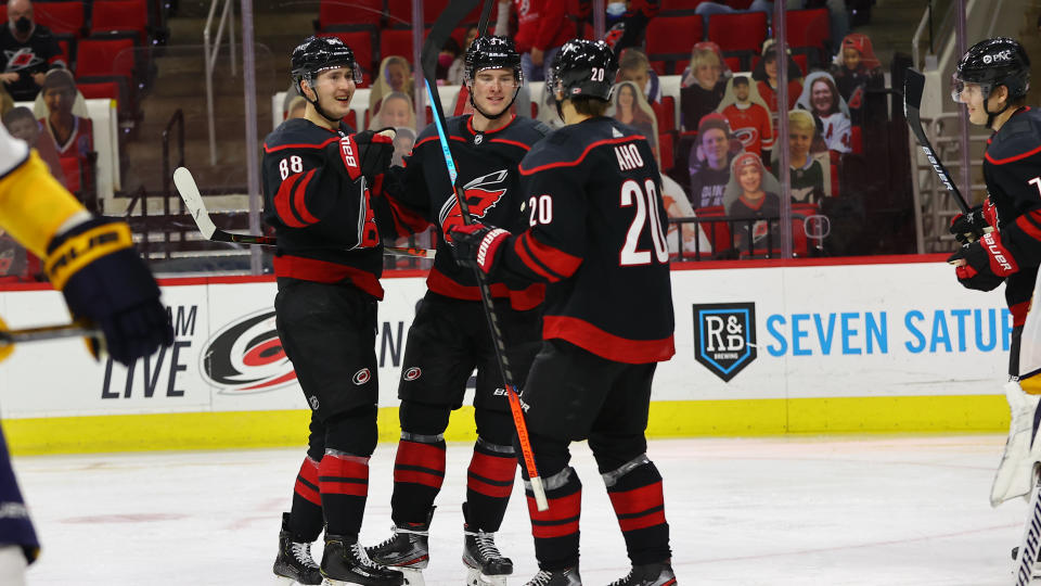 RALEIGH, NC - MARCH 11: Carolina Hurricanes celebrate a goal during the 3rd period of the Carolina Hurricanes vs Nashville Predators on March 11th, 2021 at PNC Arena in Raleigh, NC. (Photo by Jaylynn Nash/Icon Sportswire via Getty Images)