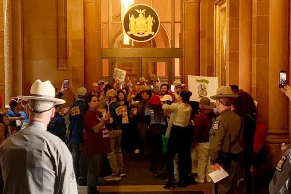 Housing activists rallying outside of Gov. Kathy Hochul’s office in Albany on April 9, 2024. Vaughn Golden/New York Post