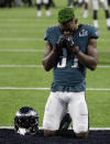 <p>Philadelphia Eagles cornerback Jalen Mills (31), prays before the NFL Super Bowl 52 football game against the New England Patriots, Sunday, Feb. 4, 2018, in Minneapolis. (AP Photo/Chris O’Meara) </p>