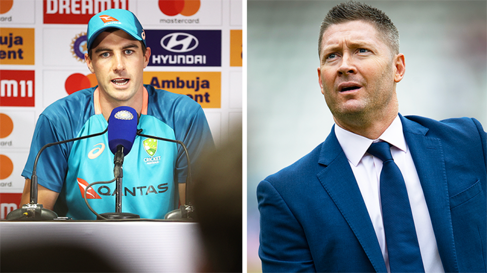 Former captain Michael Clarke (pictured right) during commentary and (pictured left) Pat Cummins during a press conference.