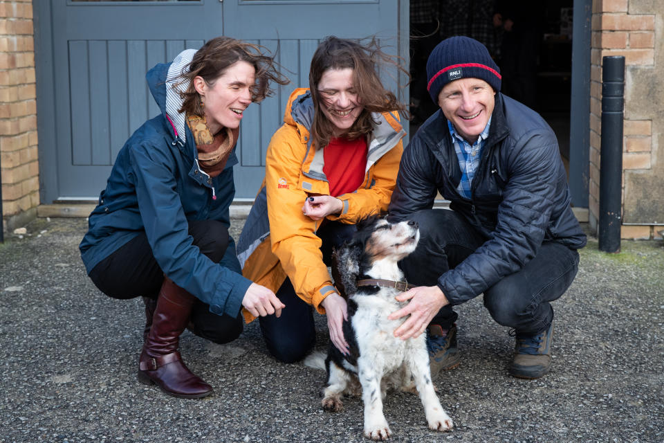 Liberal Democrat leader Jo Swinson (centre), alongside the party's candidate for Truro and Falmouth Ruth Gripper and founder of Finisterre Tom Kay, as he gives them a tour of the workshop of the British surfing brand, which creates sustainable surfing gear, in St Agnes, Cornwall, during the General Election campaign.