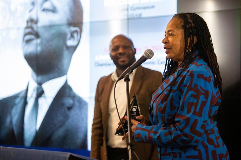 Wendellyn Trice Martin, the president of The Society for African American Cultural Awareness, speaks to the audience after receiving a 2023 Lane College Dr. Martin Luther King Jr. Drum Major Award during the Martin Luther King Jr. Celebration Brunch at Lane College on Monday, January 16, 2023, in Jackson, Tenn. 