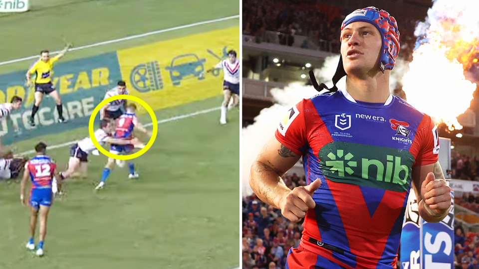 NRL commentator Andrew Voss has questioned whether the Knights are too reliant on superstar fullback Kalyn Ponga (pictured) after the halves partnership failed to fire in the loss to the Roosters. (Images: Channel Nine/Getty Images)