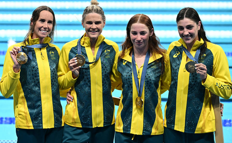 Emma McKeon, pictured here with Shayna Jack, Mollie O'Callaghan and Meg Harris.