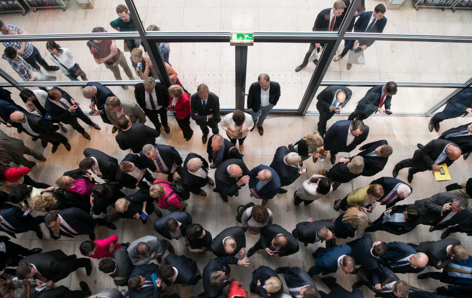 28 June 2018, Germany, Berlin: Members of the German Bundestag standing outside the plenary chamber during a plenary session, to vote on an FDP motion titled "Bekenntnis fue·r Meinungsfreiheit und gegen Upload-Filter" using the "Hammelsprung" voting method. Photo: Bernd von Jutrczenka/dpa (Photo by Bernd von Jutrczenka/picture alliance via Getty Images)