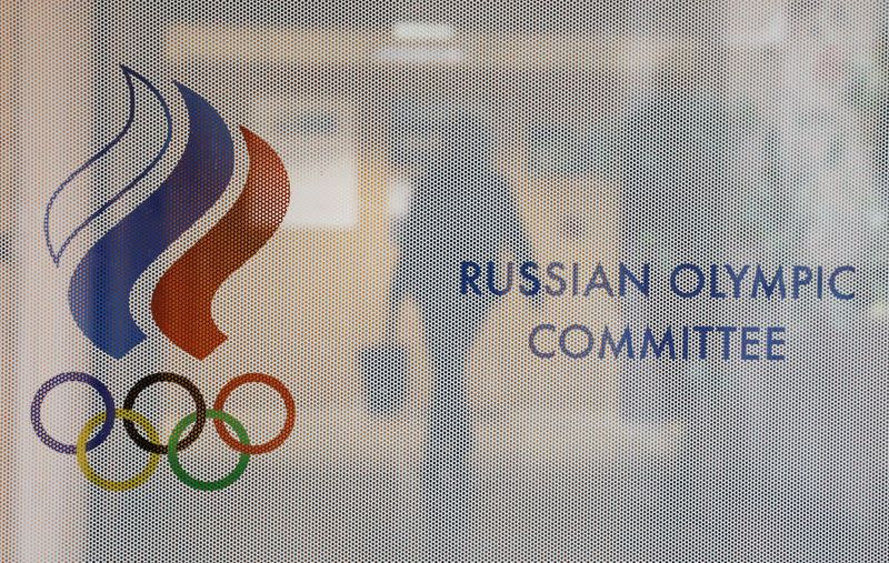 The logo of the Russian Olympic Committee is seen at its headquarters in Moscow