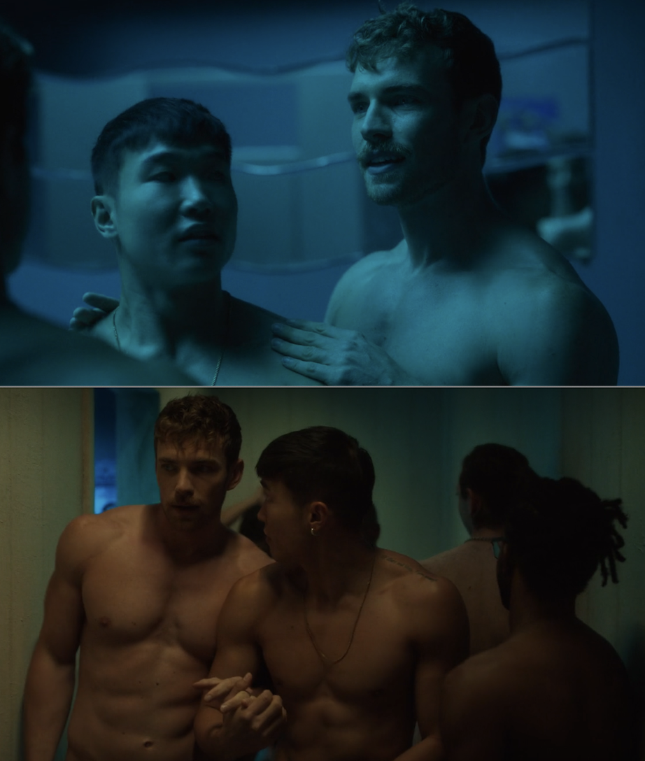 Top image: Shirtless men standing closely together, one with a hand on the other's shoulder. Bottom image: The same shirtless men walking closely together, another shirtless person joins