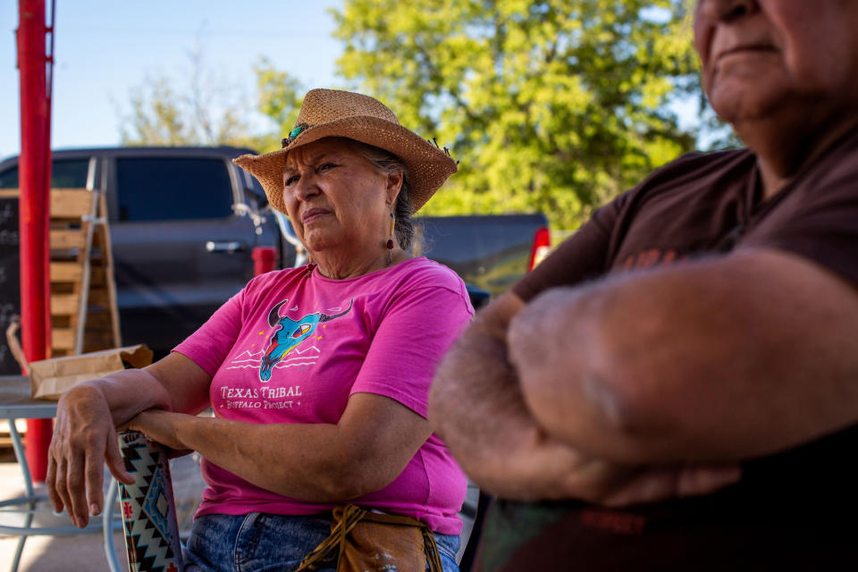 Anita Anaya listens during breakfast at Darla’s Kitchen in Brackettville, Texas, on Aug. 10, 2022. (Kaylee Greenlee Beal for NBC News)