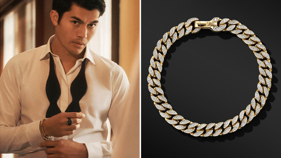 Henry Golding wearing the curb chain bracelet in 18-karat yellow gold with pave diamonds by David Yurman