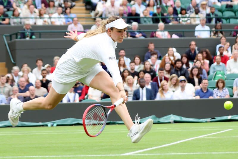 Croatia's Donna Vekic plays a forehand against New Zealand's Lulu Sun in the Wimbledon 2024 quarterfinals Tuesday in London. Photo by Hugo Philpott/UPI